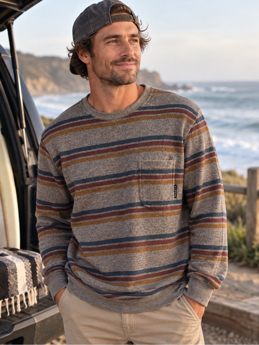 VISSLA Striped Crewneck Sweater in Gray, Blue & Brown